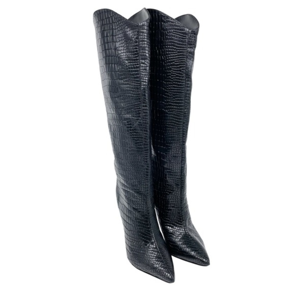 Schutz Women's Maryana Black Croc Embossed Leather Knee High Pointed Toe Boot 5B